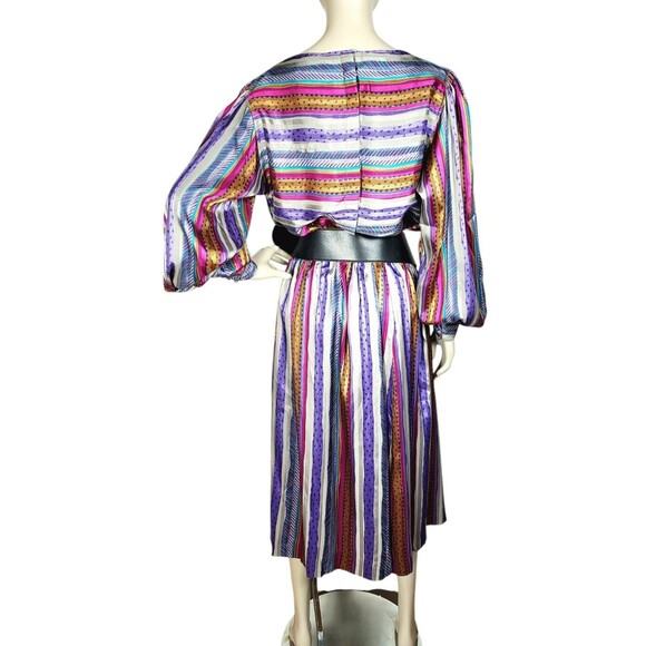 VTG 70s Evan Picone Silky Satin Mixed Media Puff Balloon Sleeve Blouse Skirt Set - Picture 5 of 16